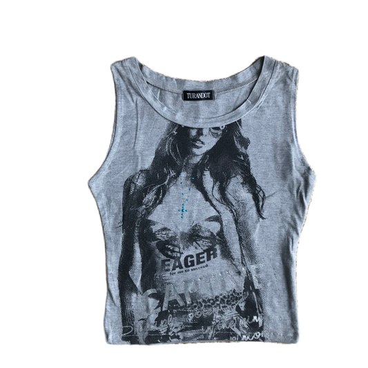 Grey Glitter Rhinestone Detail Graphic Tank Top