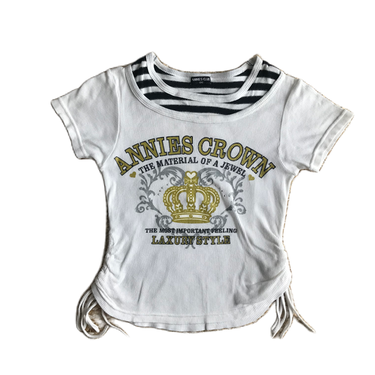 White & Black Striped Gold Glitter Lettering Top (130)