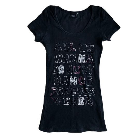 Black Ribbed Lettering Rhinestone & Pearl Long Tee
