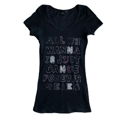 Black Ribbed Lettering Rhinestone & Pearl Long Tee