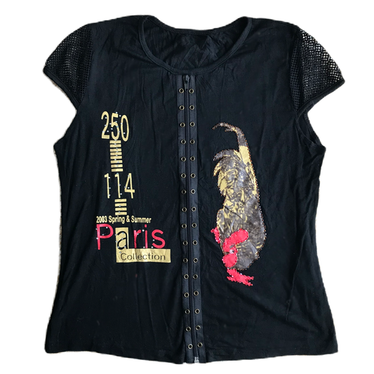 Black Zipper Rhinestone Detail Graphic Top