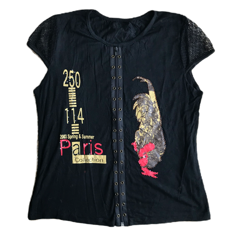 Black Zipper Rhinestone Detail Graphic Top